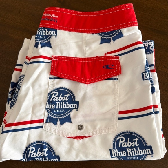 Pabst Blue Ribbon O'Neill Board Shorts Men's 34 Medium Red White Blue Swim - Picture 1 of 7